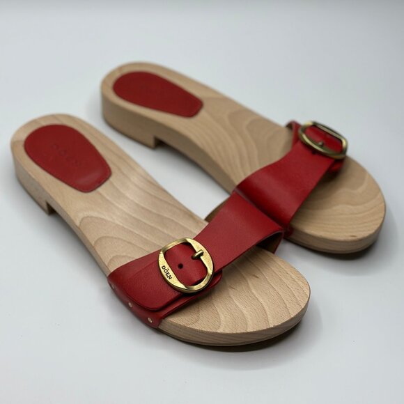 DÔEN Women's Mercata Red Leather Strap Logo Buckle Clog Sandals Slides Size 39 - Picture 1 of 10